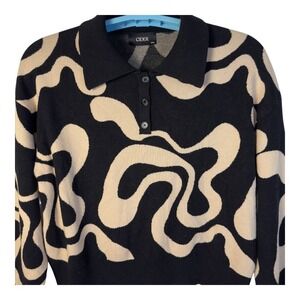 Cider Sweater Abstract Swirl Print Knit Button Up Collar Top Black Beige 2XL NWT